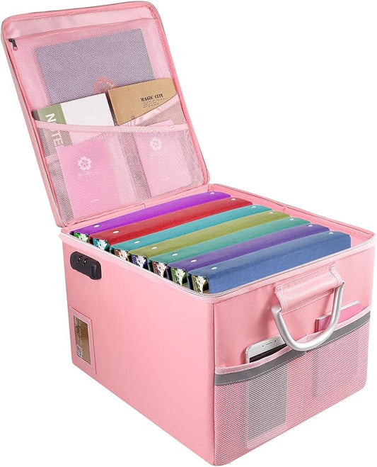Fireproof Document Box File Organizer Box, Fireproof File Cabinet Box Storage Filing Cabinet Box with Lock, Portable Office Safe Box for Hanging Letter/Legal Folder 16.1 x 12.9 x 11in (Pink)