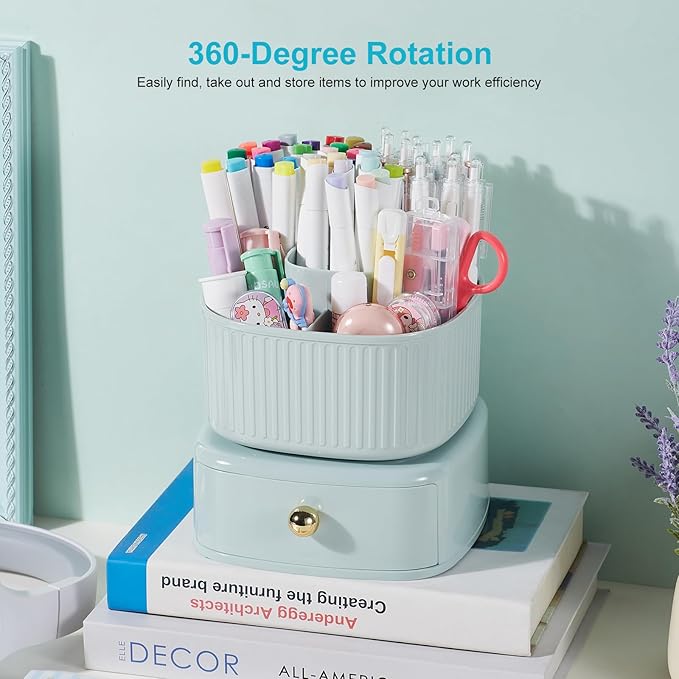 360 Degree Rotation Pencil Holder 5 Slots Pencil Holder with Drawer for Desk Makeup Brush Holder Desktop Organizer Storage Box Light Green