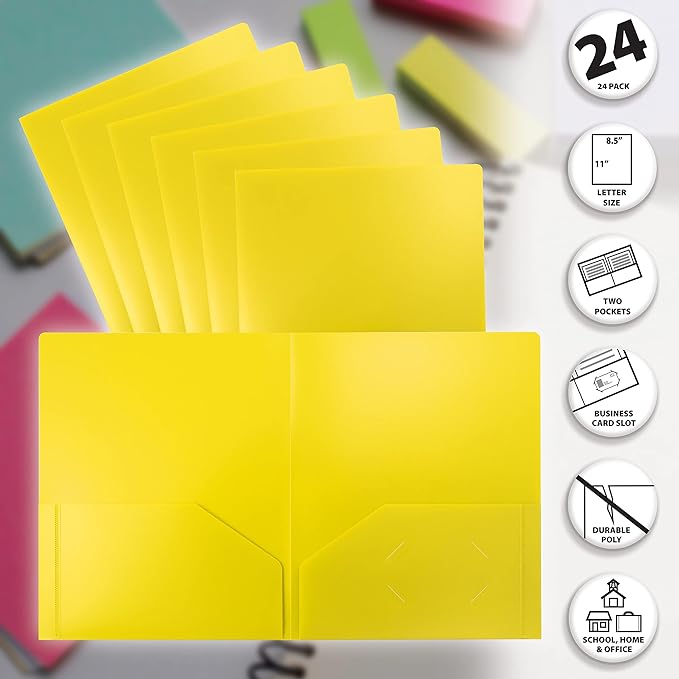 Better Office Products Heavyweight Plastic 2 Pocket Portfolio Folder, Letter Size Poly Folders 24 Pack (Yellow)