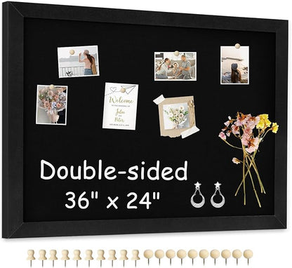 Double-Sided Black Cork Board with Linen, 36" x 24" Hanging Wood Framed Large Bulletin Board, Picture Display Vision Board Kit Corkboards for Wall Room School Office Decor, 20 Pushpins