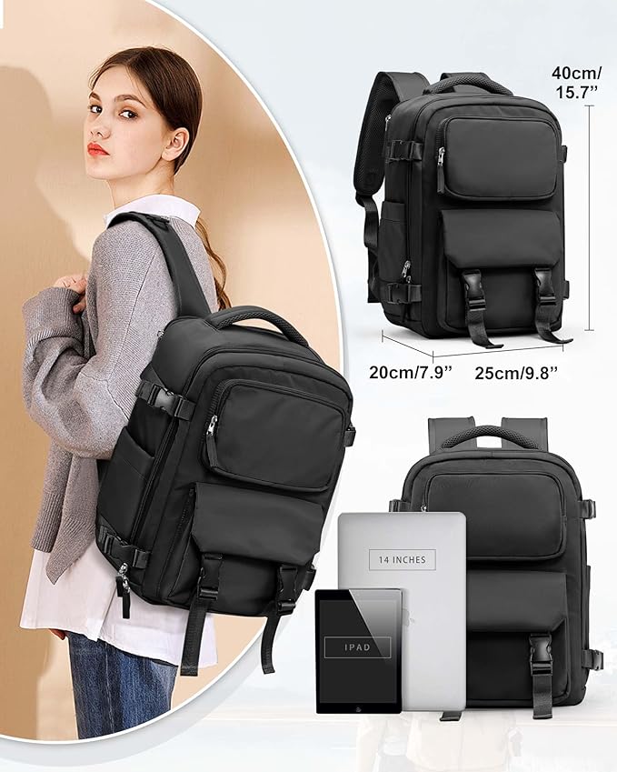 Black Travel Backpack for Women Men, Carry on Backpack Flight Approved Item Bag, Casual Daypacks Cabin Bagage, Hiking Backpack Lightweight Rucksack, Business Laptop Backpack Small