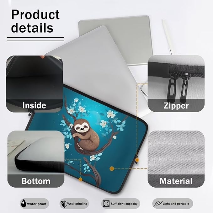 Cute Sloth Laptop Protective Sleeve for Women Men 17 inch Computer Sleeve Neoprene Lap Top Case Portable Computer Carrying Case Flower Briefcase Suitable for Travel School Office Pouch