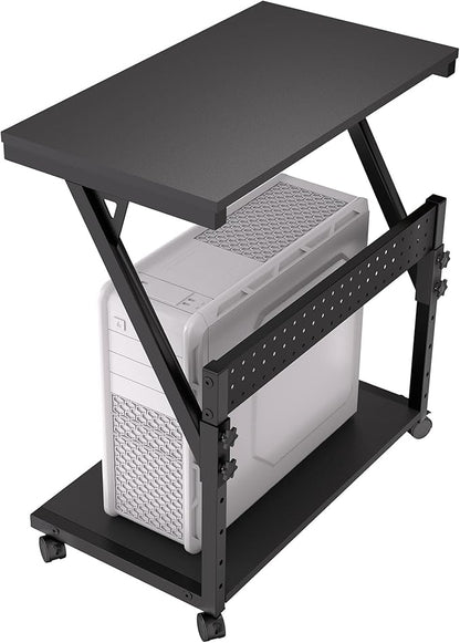 Computer Tower Cart - Height Adjustable PC Stand, 2-Tier ATX-Case CPU Holder Home Office Gaming Desk Accessories with Rolling Lockable Wheels, Laptop Table Standing Computer Desk, Rustic Black