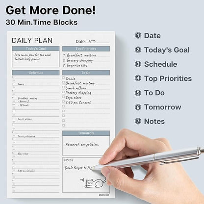 Dunwell Daily Planning Pad - 2 Pack Undated Daily Planner Pad, 54 Tear-Off Pages (5.5x8.5"), Daily To Do List Scheduler, Time Blocked Task Planner Notepad