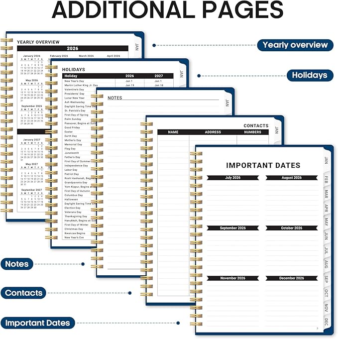 2026 Planner, Weekly and Monthly Calender Planner, Jan 2026 to Dec 2026, Hardcover 2026 Calendar Planner Book with Tabs & Inner Pocket, Office Home School Supplies for Women & Men - A4 (8.5" x 11"), Navy Blue