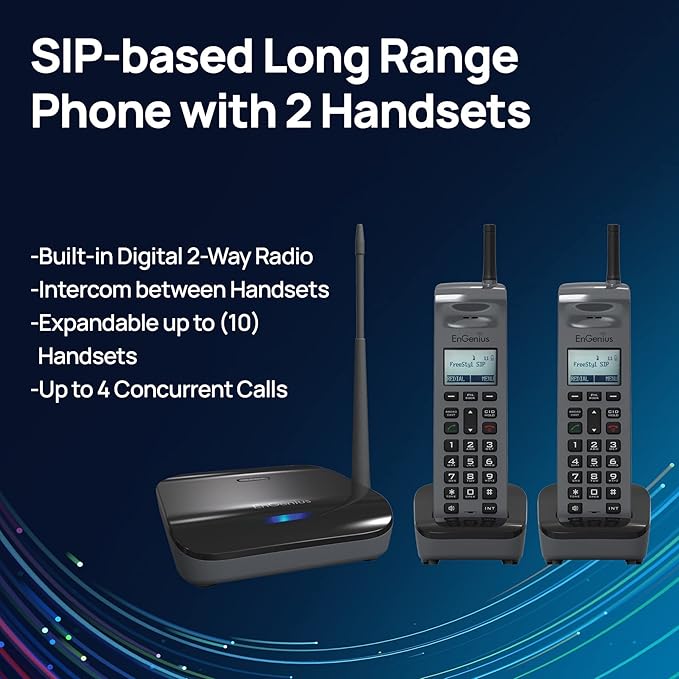 EnGenius FreeStyl SIP2, Long Range, Portable 900 Mhz VoIP Phone with 2-Way Radio for Broadcast/Intercom, Expandable up to (10) Handsets per Base, 10 Acres of Coverage, Includes (2) Handsets