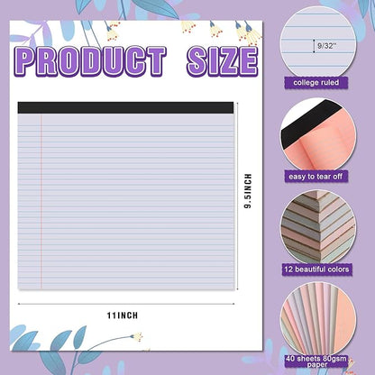 Lincia 12 Pcs 11" x 9.5" Legal Pads College Ruled Notepad Landscape Notebook Horizontal Lined Notebook 80 Gsm Assorted Colors Paper Pastel Writing Pads for School Office, 40 Sheet (Cute Color)