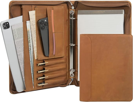 AZXCG Men's Genuine Leather Business Portfolio, Zippered Padfolio Organizer 3-Ring Binder, Organized Portfolio with Pen Rings, Business Card Holder, File Pocket, Holds 99% of iPad and Kindle Fire.