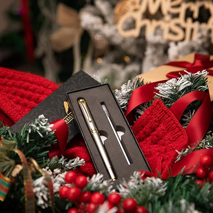 BEILUNER Ballpoint Pens, Stunning Silver Chrome Metal Pen with Golden Trim, Best Ball Pen Gift Set for Men & Women, Professional, Executive, Office, Nice Pens-Gift Box with 0.5mm Extra Black Refill