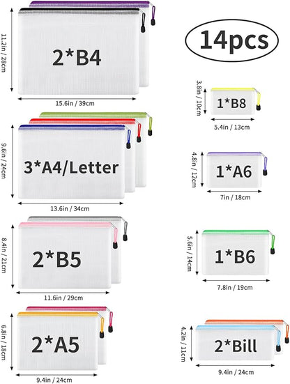 EOOUT 14pcs Zipper Pouches for Organizing, Mesh Zipper Pouch Bags, 8 Sizes 14 Colors Waterproof Mesh Bags with Zipper, for Travel Storage, School Supplies, Office Appliances and Home Organize