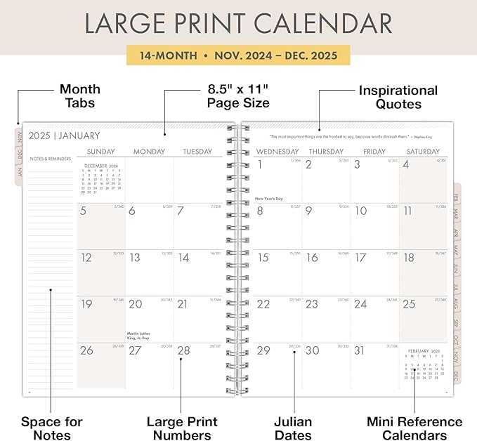 Essential PRO 2025 Daily, Weekly & Monthly Planner, 8.5"x11": 14 Months (Nov 2024 - Dec 2025) Monthly Tabs,Daily Tracking,Notes Pages,Storage Pocket,Bookmark w Sticky Notes (Tree Seasons)