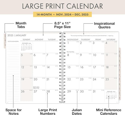 Essential PRO 2025 Daily, Weekly & Monthly Planner, 8.5"x11": 14 Months (Nov 2024 - Dec 2025) Monthly Tabs,Daily Tracking,Notes Pages,Storage Pocket,Bookmark w Sticky Notes (Teal Floral)