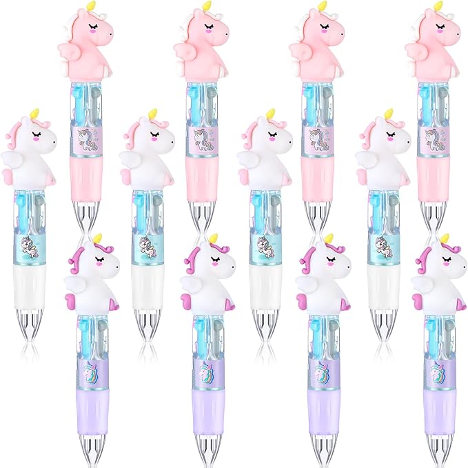 Chinco 12 Pieces Retractable Unicorn Pens 4-in-1 Multicolor Ballpoint Pen Unicorn Candy Party Favor Colored Ink Mini Party Favors for Girls Kids Classroom Prizes Birthday Gifts(Fat Unicorn)