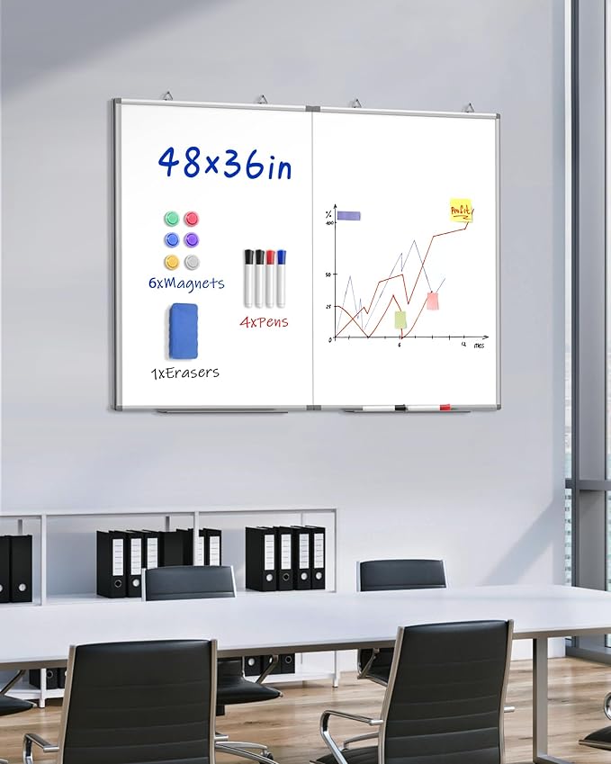 48"X 36" Large Magnetic Dry Erase Whiteboard, Removable Wall Hanging Board with 4 Pens & 1 Dry Erasers & 6 Magnets, Sliver Aluminum Frame White