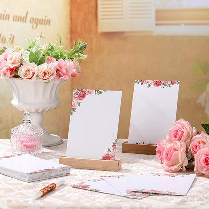 PerKoop 50 Pcs Blank Note Cards Decorative Notecards 4x6in Greenery Floral Notecards Printer Paper Cardstock Cards for Wedding Office DIY Drawing Thank Greeting Supplies(Rose)