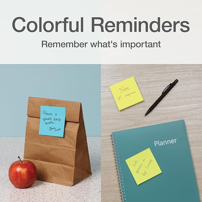 Redi-Tag Sticky Notes, Power Stick Notes, Adhesive Reminders, 3" x 3" Reusable Notes, Strong Adhesive Memos, Assorted Bright Colors, 8 Pack (1000975)