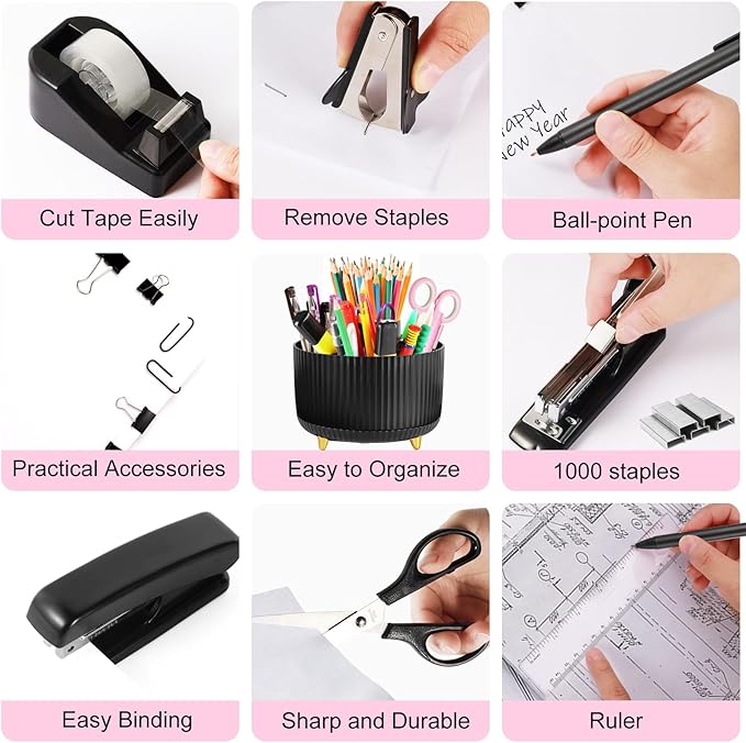 Black Desk Organizers and Accessories 10Pcs Set with 360-Degree Rotating Pen Holder, Tape Dispenser, Stapler, Staple Remover, 1000 Staples, Tape, Clips Set, Ruler, Scissor, Pen