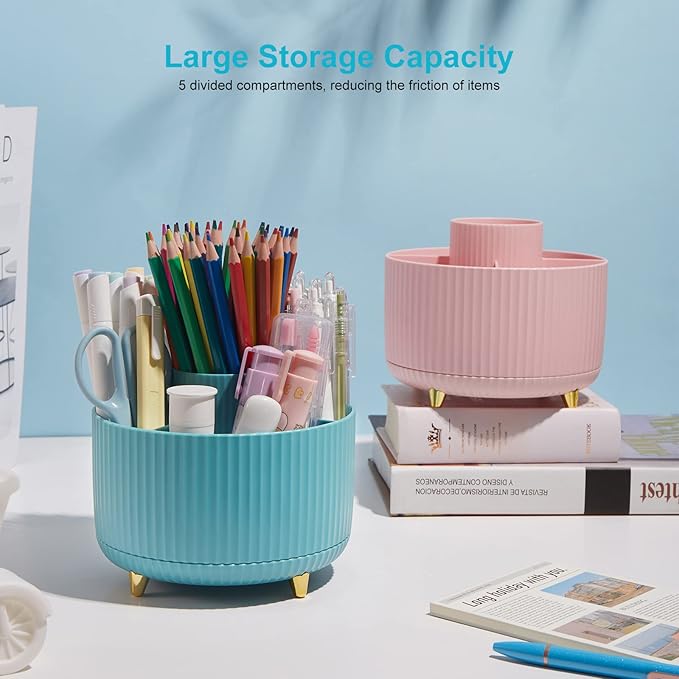 360 Degree Rotation Pen Holder, 5 Slots Office Desk Pen Organizer Multi-Functional Pencil Cup Makeup Brush Holder Office Business Card Pen Pencil Stationery Holder Storage Box Blue
