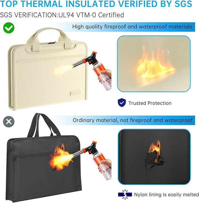 ENGPOW Accordion File Organizer,Fireproof Expanding File Folder with Multi Pockets,13 Pockets Document Organizer Bag with Handle & Labels,Portable Home Travel Safe Storage for Letter A4 Files,Beige