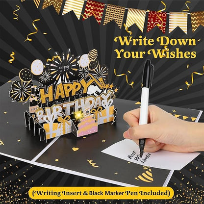 Elegant 3D Pop-Up Birthday Card with LED Lights – Blowable Candle & Music Greeting Card for Women, Mom, Daughter Black Gold