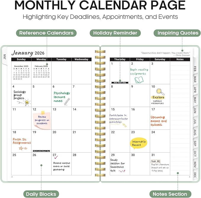2026 Planner, Weekly and Monthly Calender Planner, Jan 2026 to Dec 2026, Hardcover 2026 Calendar Planner Book with Tabs & Inner Pocket, Office Home School Supplies for Women & Men - A4 (8.5" x 11"), Mint