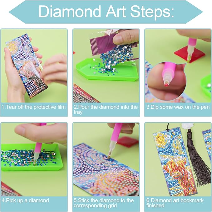 Anseal 3 Pcs 5D Diamond Art Bookmarks for Book Lovers, Cute Animal Rhinestone PU Leather Diamond Crafts Bookmarks for Women Girls, Tassel Beaded Book Mark for Graduation Birthday Reading Present