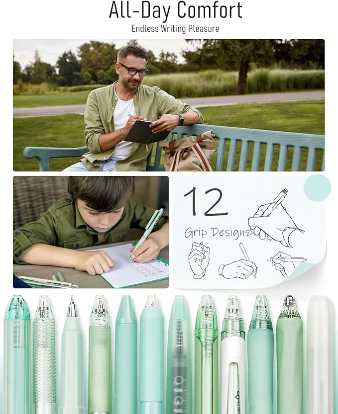 Four Candies 12Pack Pastel Gel Ink Pen Set, 11 Pack Black Ink Pens with 1Pack Highlighter for Writing, Retractable 0.5mm Fine Point Cute Note Taking Pens for School Office (Green)
