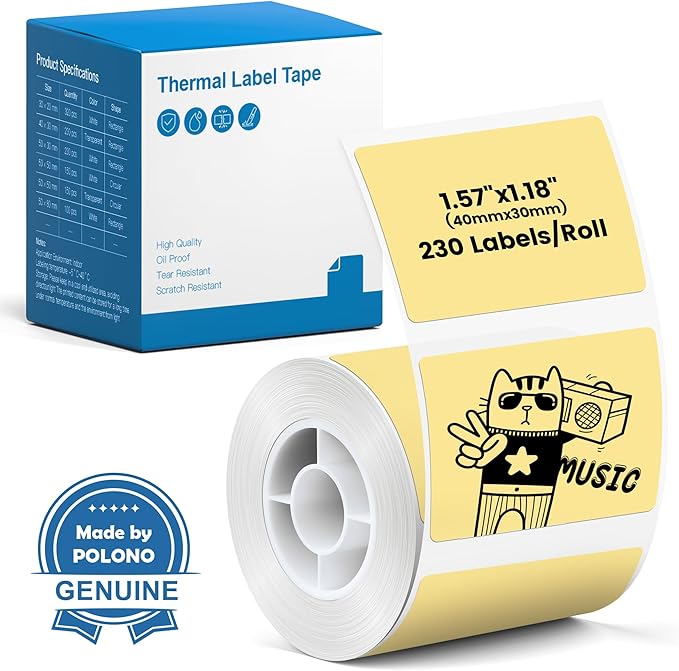 POLONO Genuine Thermal Labels for PM220S Label Makers, 1.57"x1.18" (40x30mm) Thermal Label, Waterproof, Multi-Purpose Self-Adhesive Labels for Small Bussiness, Office, School, 230 Labels/Roll (Yellow)