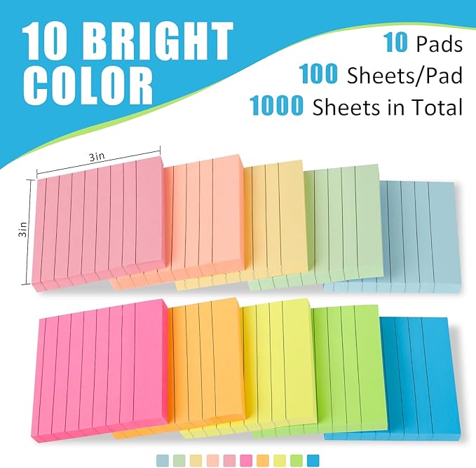 10 Pads Lined Sticky Notes, Sticky Note Pads 3x3 inches, 10 Bright Color Sticky Notes with Lines Self-Stick Note Pads, Perfect for Office Home School(100 Sheet/Pad)