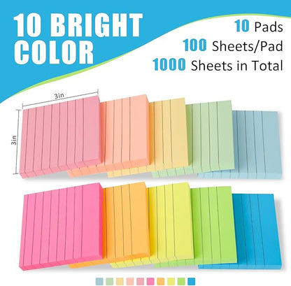 10 Pads Lined Sticky Notes, Sticky Note Pads 3x3 inches, 10 Bright Color Sticky Notes with Lines Self-Stick Note Pads, Perfect for Office Home School(100 Sheet/Pad)