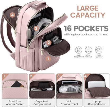 LOVEVOOK Leather Backpack for Women,15.6 inch Leather Laptop Backpack Women Computer Backpack Laptop Bag,Stylish Quilted Travel Backpack Purse Work Bag College Teacher Backpack with USB Port,Rose Pink