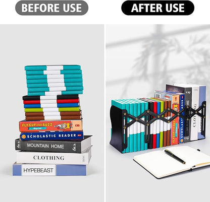 Adjustable Bookends, Metal Book Ends for Heavy Book, 2 Dividers, Nonslip Book Stander for Desk, Shelf, Office, Stationery Gift, Extends up to 19 inches (Black)