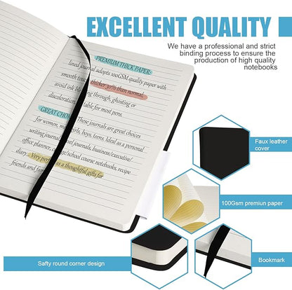 Lined Journal Notebook, 10Pack(Black), 160 Pages, Medium 5.7 inches x 8 inches - 100 gsm Thick Paper, Hardcover