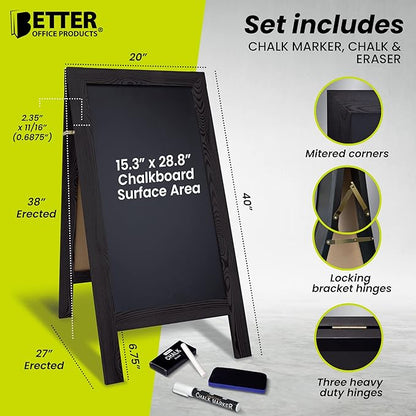 Better Office Products Magnetic A-Frame Chalkboard Sign, Extra Large 20" x 40", Standing Chalkboard Easel, with Chalk Marker + Chalk & Eraser, Sandwich Board Outdoor Sidewalk Sign,(Black)
