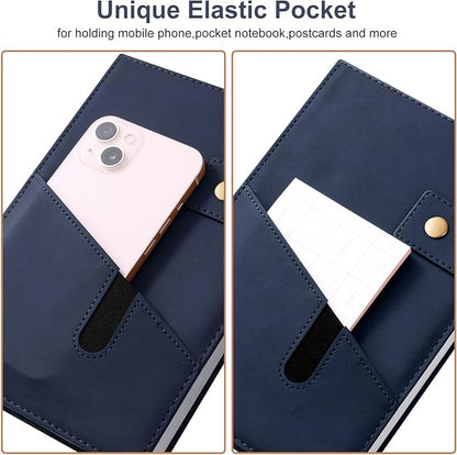 A5 Leather Journal Notebook with Pen, 200 Pages Hardcover Journal with Pocket, 100gsm Thick Lined Paper Daily Diary for Men and Women, Great Gift for Business School Travel Personal - Navy Blue