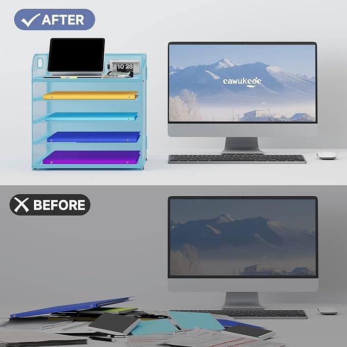 5 Tier Paper Organizer with Handle, Metal Mesh Desk Organizer File Folder Organizer Paper Letter Tray Desktop Document Sorter for Classroom, School, Office Organization and Storage - Blue