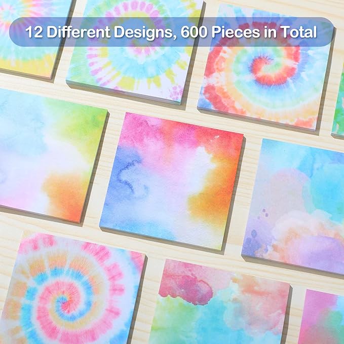 12 Pcs Rainbow Tie Dye Sticky Notes Cute Colored Sticky Paper Fun Pastel Art Party Self Adhesive Notepads for Kids Girls School Office Gay Pride Party Supplies, 30 Sheets Each (3 x 3 Inch)