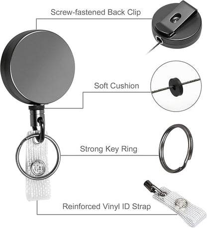 Will Well ID Badge Holder Reel with Clip and Keyring - Heavy-Duty All-Metal Casing with 27.5" UHMWPE Fiber Pull Cord for Durability and Easy Access, Holds up to 8 Keys - 4-Pack, Round, Glossy Black