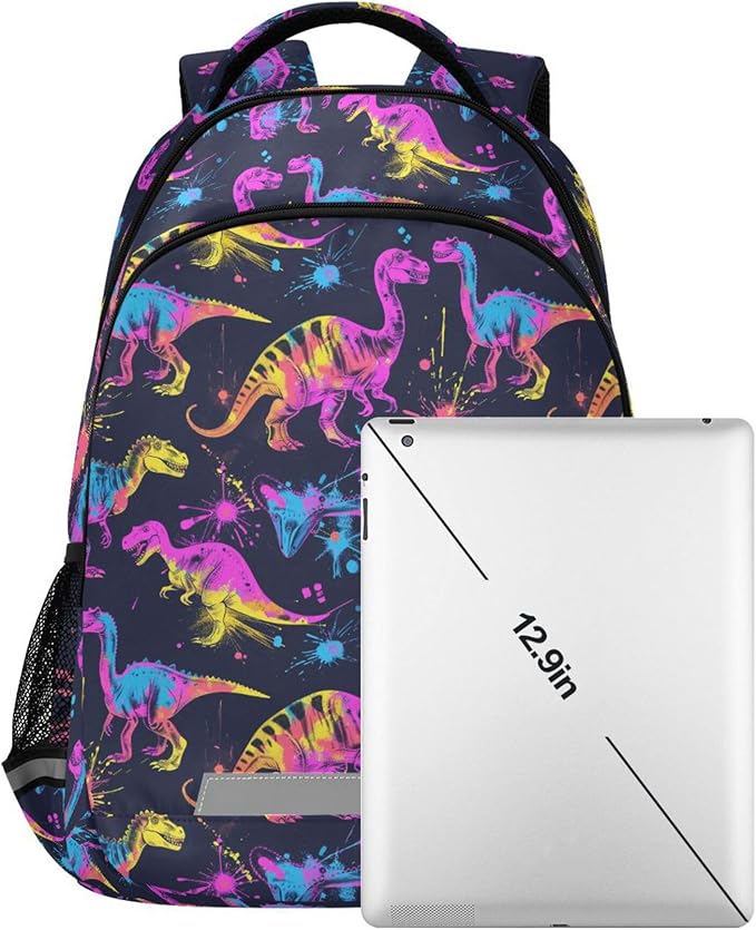 MNSRUU Laptop Backpack with Chest Strap, Neon Funny Dinosaurs School Backpack, Travel Hiking Backpack for Boys Girls Teen Adult, Rucksack, Knapsack