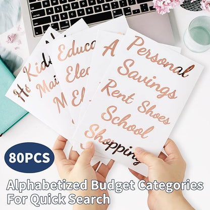 80 Cash-Envelope Budget Category Stickers - Rose Gold Vinyl Decals, Budget Binder Labels for Finance Planner & A6 Cash Binder, Budgeting Category Letter Stickers for Budget Wallet, Money Organizer