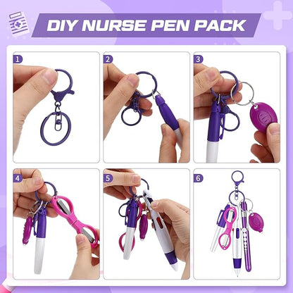 6 Pcs Nurse Pen Set Include Permanent Marker Pen Retractable Ballpoint Pen Keychain Clip Foldable Scissors Lights LED Flashlight Keychain for Nurse Accessories(Purple)