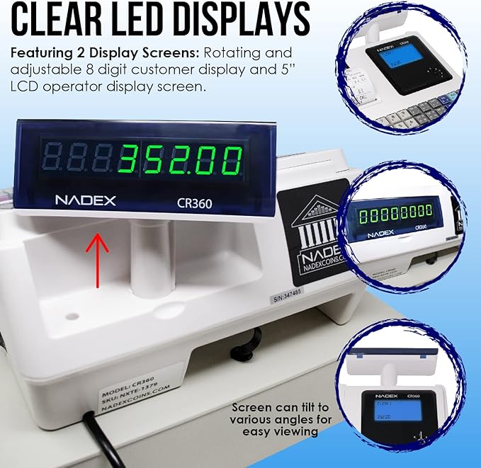 Nadex CR360 Cash Register, 4700 Lookups 50 Dept 50 Clerks, Quick Load Thermal Printer, Compact Size, Cash and Coin Drawer, White