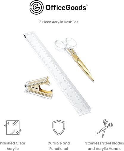 OfficeGoods 3 Piece Acrylic Desk Set - Includes Ruler, Staple Remover, Scissors - Functional & Elegant Desk Accessories - Stationary Tools for Home, Office, and School - Gold