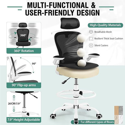 Drafting Chair, Tall Office Chair with 3D Lumbar & Head Support, Ergonomic Mesh Standing Desk Chair with Footring, Comfy Extended High Desk Chair with Flip-Up Arms & Hanger(White)