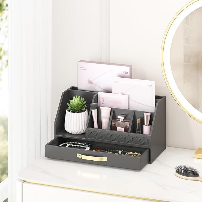 Bamboo Desk Organizer with Drawers, Mail Organizer Countertop Wood Desk Drawer Tabletop Storage Organization Pen Holder Letter Sorter Makeup Organizer for School Home Office (Black)