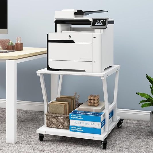 Natwind 2 Tier Large Printer Stand,23.6''x23.6''x23.6'' Heavy Duty Printer Table, Copier Stand, Laser Printer Cart with Paper Storage Shelf,Printer Holder with Wheels for Home Office (White)