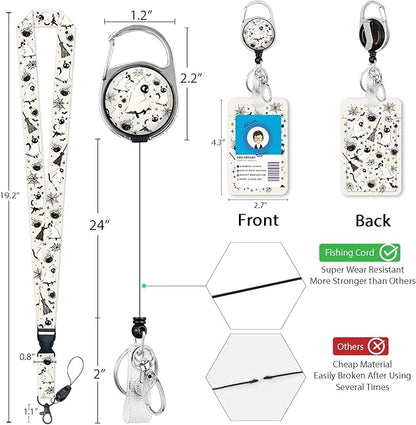 Giancomics Halloween Lanyards for Id Badges, Spooky Black Cat ID Badge Holder with Lanyard Badge Reel Retractable, Cute Bat Lanyard with ID Holder Keychain Clip Name Tag ID Card Holder Women Office