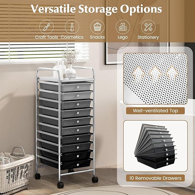 Storage Cart, Rolling Utility Cart with 10 Drawers, Portable Handles & Lockable Wheels, Mobile Paper Toys Storage Organizer Large Capacity for Home Office School Teacher (Gradient Black)