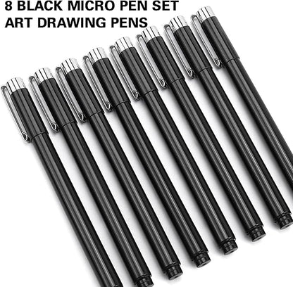 Muchcute Micro Fineliner Drawing Art Pens: 8 Black Fine Line Waterproof Ink Set Artist Supplies Archival Inking Markers Liner Professional Sketch Outline Crafts Sketching Watercolor Zentangle Stuff