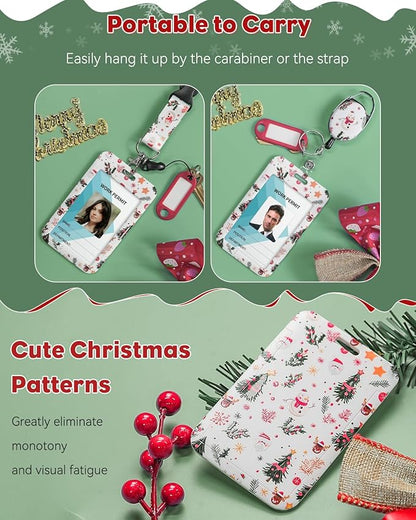 Uniclife Christmas Sliding Badge Holder Cartoon Snowman Hard ID Card Holder with Retractable Badge Reel Carabiner & Detachable Lanyard Strap Vertical Card Protector for Women Nurse Teacher Student